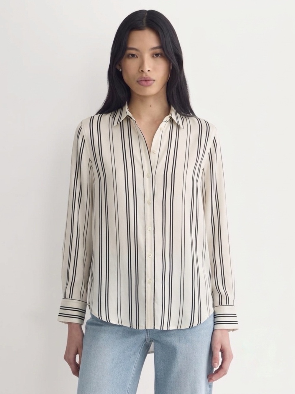 EVERLANE Women's Silk Boyfriend Stripe Button Down Shirt - Cream/Black, Sz 2